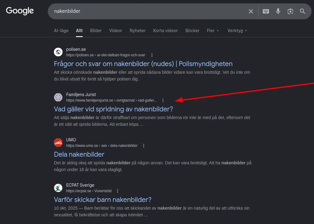 SERP-exempel för Familjens Jurist i Ahrefs.